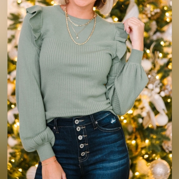 Shop The Mint Tops - BOGO NWOT- Olive Green Ruffles Sweater- Large